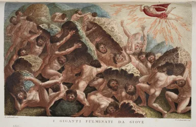 Oorlog van de reuzen tegen Jove of I Giganti Fulminati da Giove, Boek I, illustratie uit Ovid